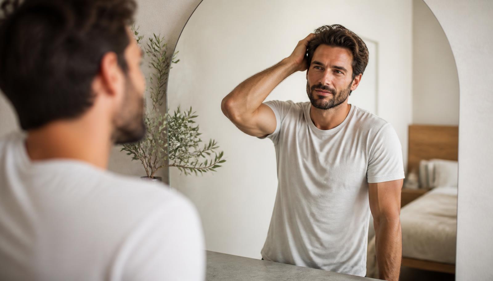A fit, confident man in his late thirties in a sunlit minimalist bathroom, checking his reflection