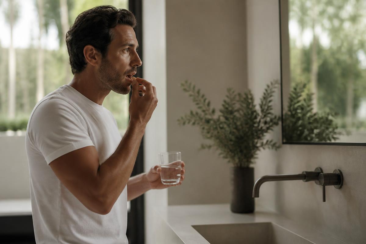 A man in his late thirties at a clean bathroom counter, preparing his morning routine with a glass of water